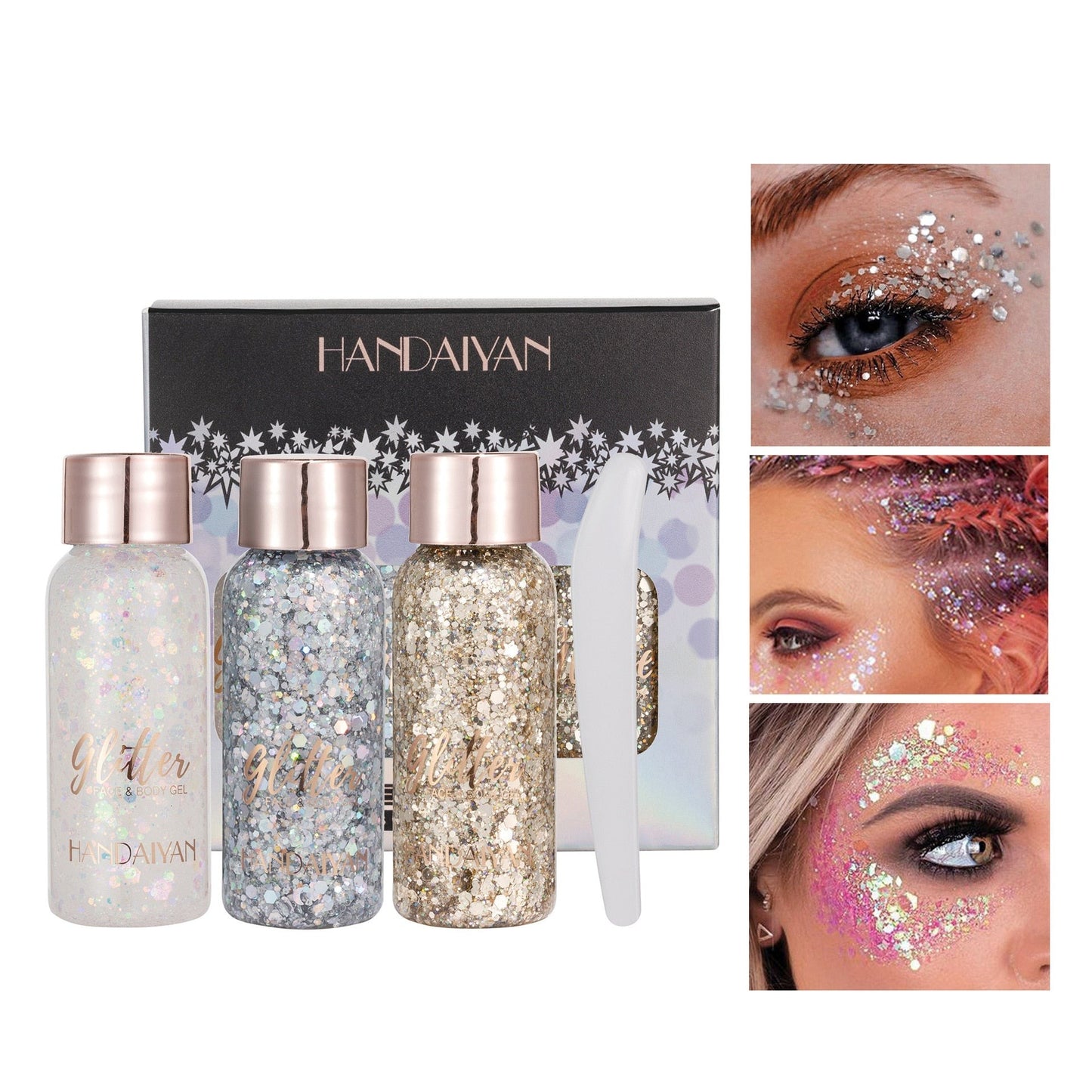 Kit com 3 Glitters em Gel - Rosto e Corpo com Brilho Festivo